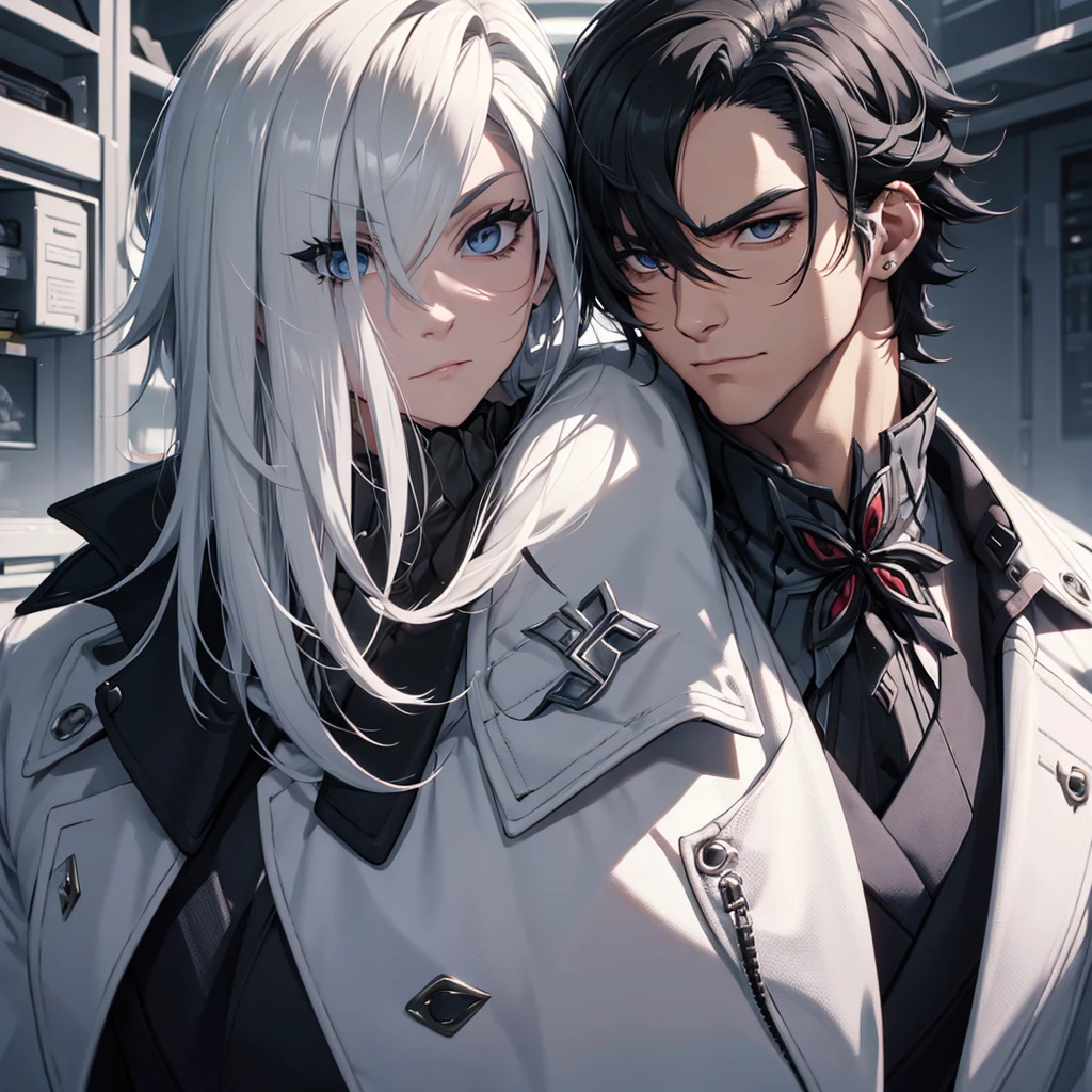 male character. naughty man. serious countenance, social futuristic clothing, an overcoat. hair with black highlights.