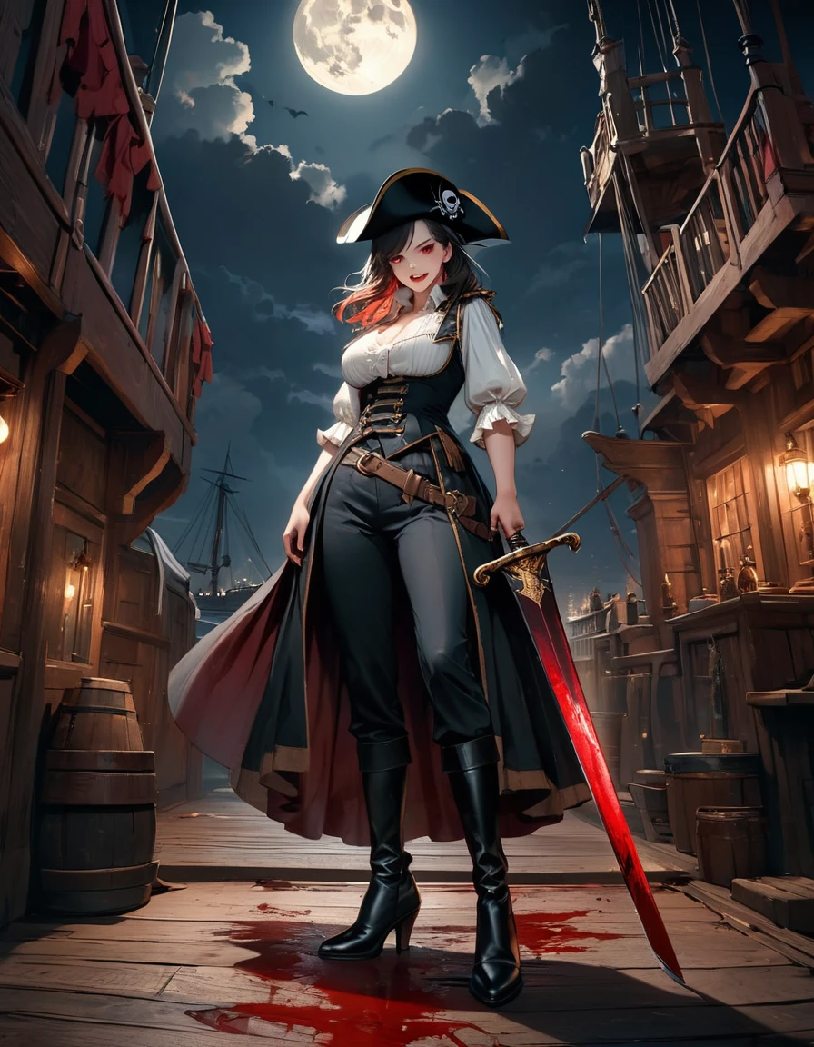 a portrait of a woman vampire pirate holding a (( bloody sword: 1.5)) on a pirate ship ready for battle, ((full body: 1.5)), ((anatomically correct: 1.5)), (ultra detailed face: 1.2), looking tense, looking dangerous,  dynamic eye color, glowing eyes, dynamic hair color, dynamic hair style dynamic skin complexion, wearing 18th century white button shirt, with ((stains of blood: 1.3)), busty , wearing  wearing high heeled boots, it is night time at sea, moon is high, some clouds,18th century pirate ship background,  vibrant, Ultra-high resolution, High Contrast, (masterpiece:1.5), highest quality, Best aesthetics), best details, best quality, highres, 16k, (ultra detailed: 1.5), masterpiece, best quality, (extremely detailed) RAW, (ultra details, Masterpiece, best quality), Hyperrealism style, holding sword, Intense gaze, holding sword rapier, vampire teeth, BloodSoakedAI, holding sword, Dark Art Painting Style