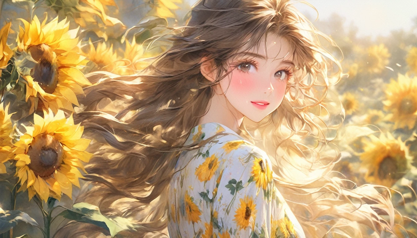 (Highest quality,Very detailed,Realistic:),One 18-year-old Japanese woman,Beautiful attention to detail,Long eyelashes,Beautiful lip detail,Flowing Hair,natural environment,garden,Sunflower field,Soft sunlight,Breeze,Picturesque style,Vibrant colors,Bokeh lighting、Yellow floral dress、Slender figure