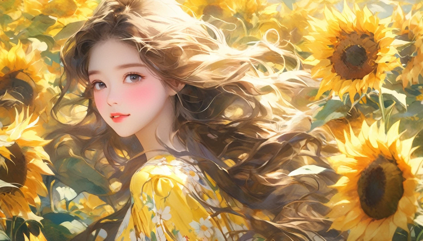 (Highest quality,Very detailed,Realistic:),One 18-year-old Japanese woman,Beautiful attention to detail,Long eyelashes,Beautiful lip detail,Flowing Hair,natural environment,garden,Sunflower field,Soft sunlight,Breeze,Picturesque style,Vibrant colors,Bokeh lighting、Yellow floral dress、Slender figure