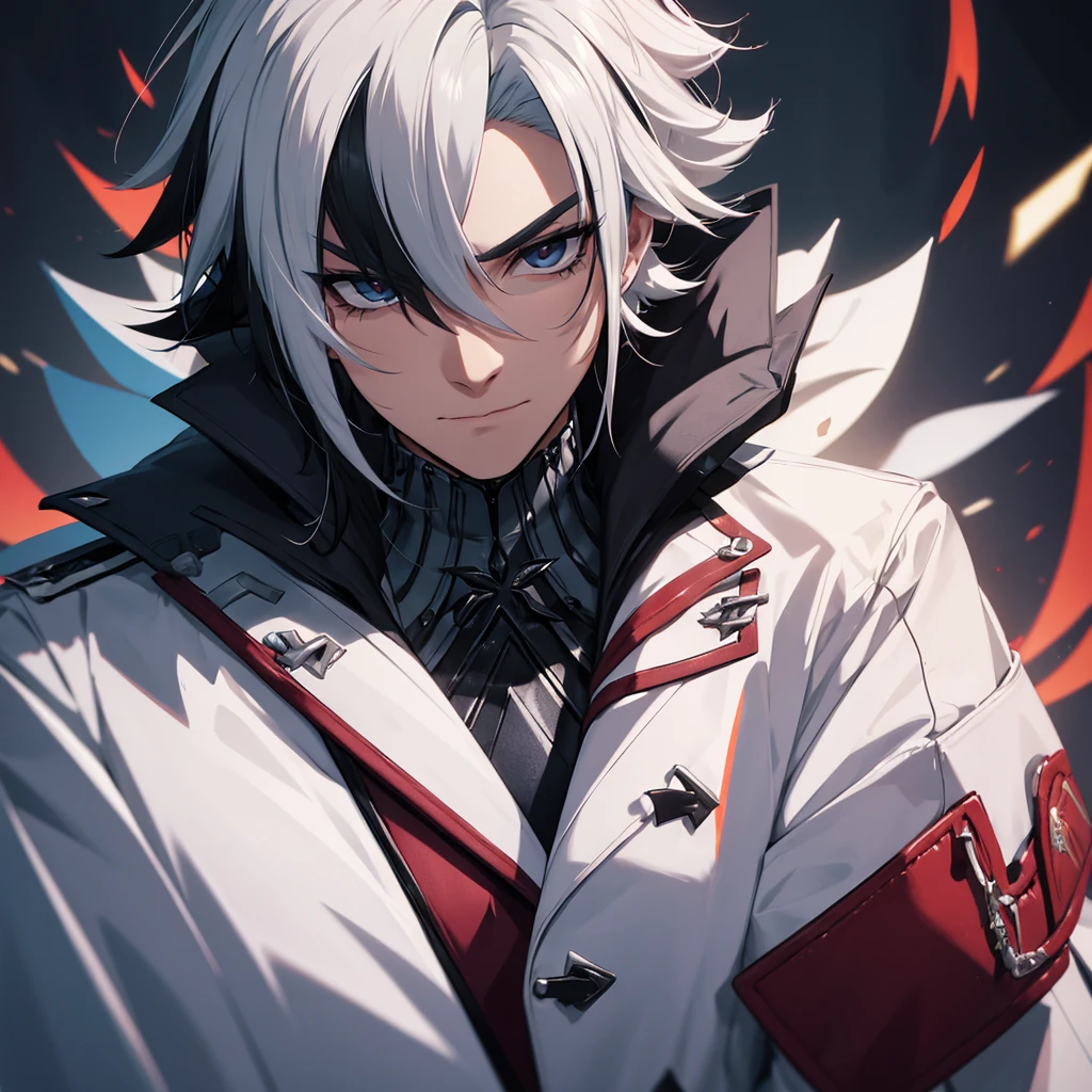 male character. naughty man. serious countenance, social futuristic clothing, an overcoat. hair with black highlights.