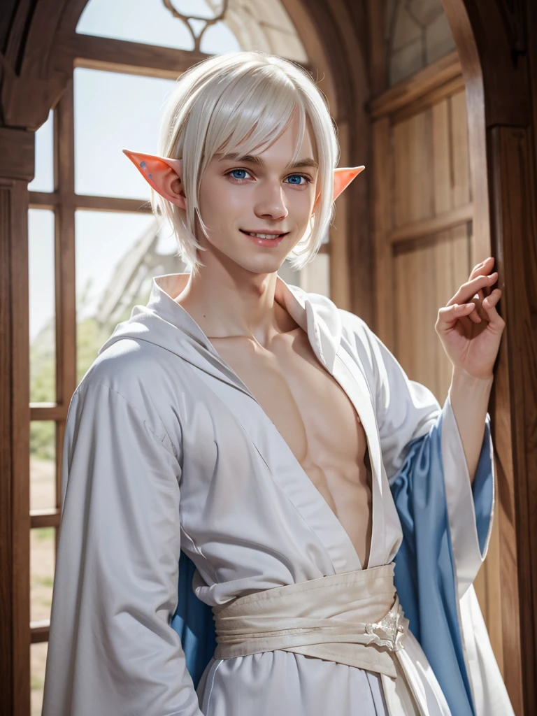 (best quality), 1boy, male, porcelain skin, blonde hair, short hair, straight hair, side swept bangs, brown eyes, perfect eyes, (elf), pointed ears, fantasy robe, skinny body, masterpiece, anatomically correct, highres
