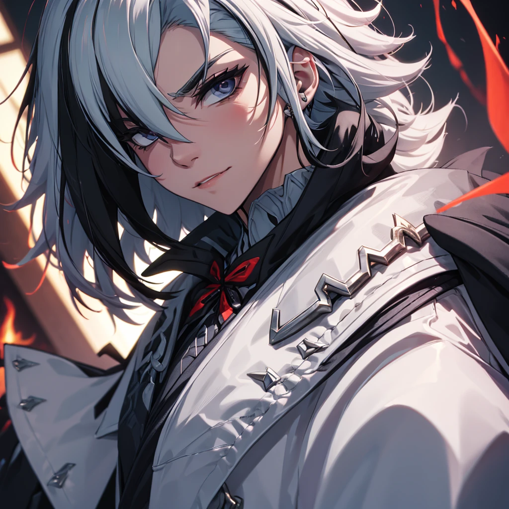 male character. naughty man. serious countenance, social futuristic clothing, an overcoat. hair with black highlights.