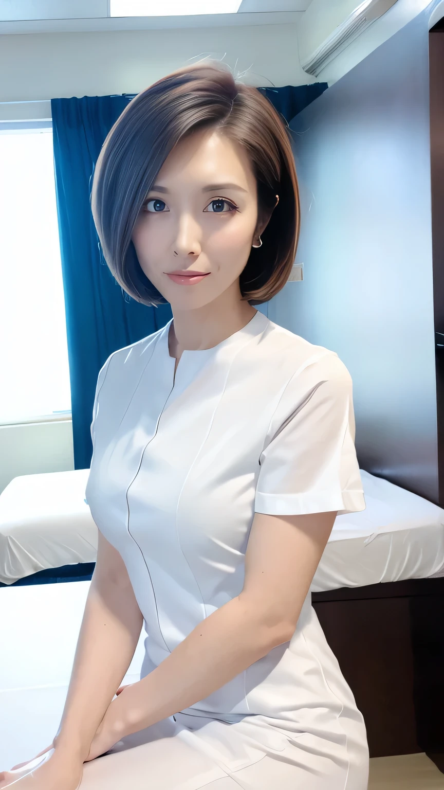 1 girl,(Wearing white nurse clothes:1.2),(RAW Photos, Highest quality), (Realistic, photo-Realistic:1.4), masterpiece, Very delicate and beautiful, Very detailed, 2k wallpaper, wonderful, finely, Very detailed CG unity 8k wallpaper, Very detailed, High resolution, Soft Light, Beautiful detailed girl,(Short Bob Hair, Light brown hair:1.5), Very detailed eyes and face, Beautiful and sophisticated nose, finely beautiful eyes, nurse, Perfect Anatomy, Upstyle, nurse uniform, (()), Long skirt, nurse, White costume, thin, hospital, clear, White Uniform, hospital room、Sit with your knees apart