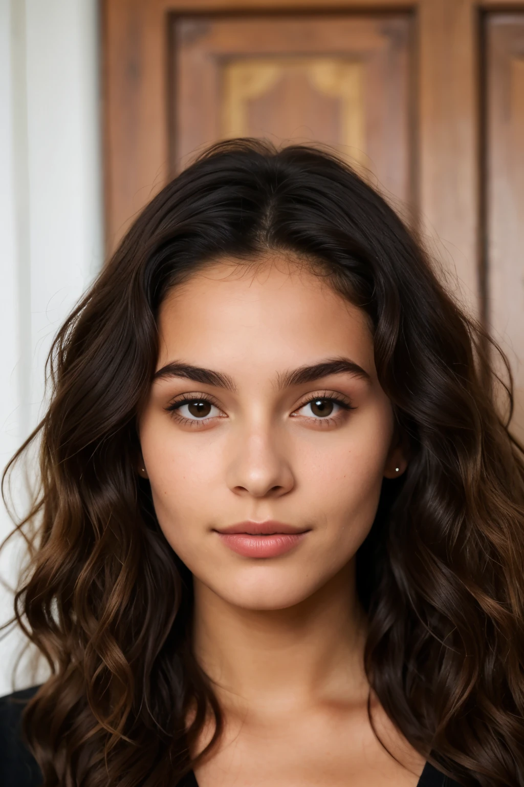 visage femme brésilienne , 18 ans , long cheveux curly ????  , visage fin , petit nez , tache de rousseur ,couleur de peau bronzé ,sourcil ???? et épais , yeux marron  claire image réaliste 4k ,