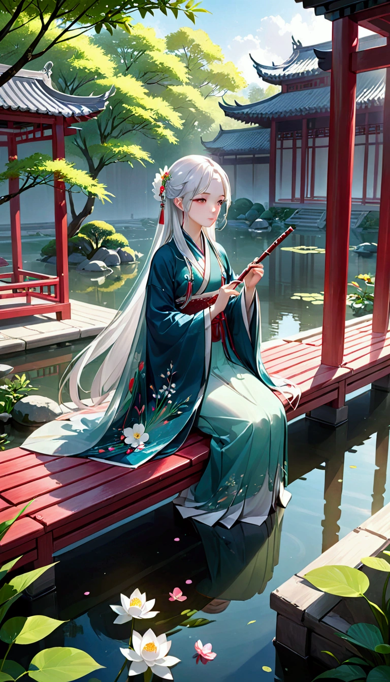 two-dimensional, antique style, spring Garden, open air, White hair, Hanfu, naturey, there is a lake in the middle of the courtyard, begonia floating in the pond, sitting on a bench in the hallway, wearing a transparent feather cloak, holding a bamboo flute, random body posture, details Intricate, best qualityer, ray tracing, Rendering, 8k, work of art