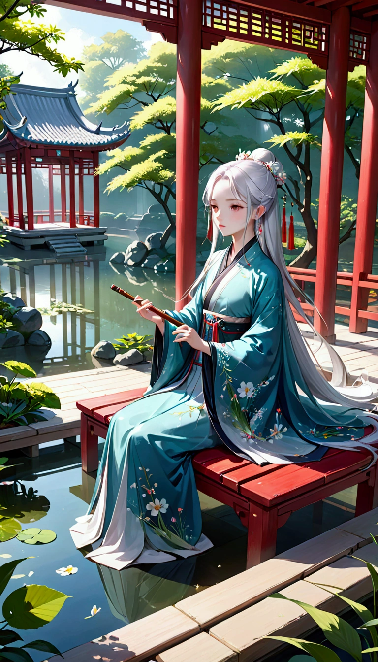 two-dimensional, antique style, spring Garden, open air, White hair, Hanfu, naturey, there is a lake in the middle of the courtyard, begonia floating in the pond, sitting on a bench in the hallway, wearing a transparent feather cloak, holding a bamboo flute, random body posture, details Intricate, best qualityer, ray tracing, Rendering, 8k, work of art