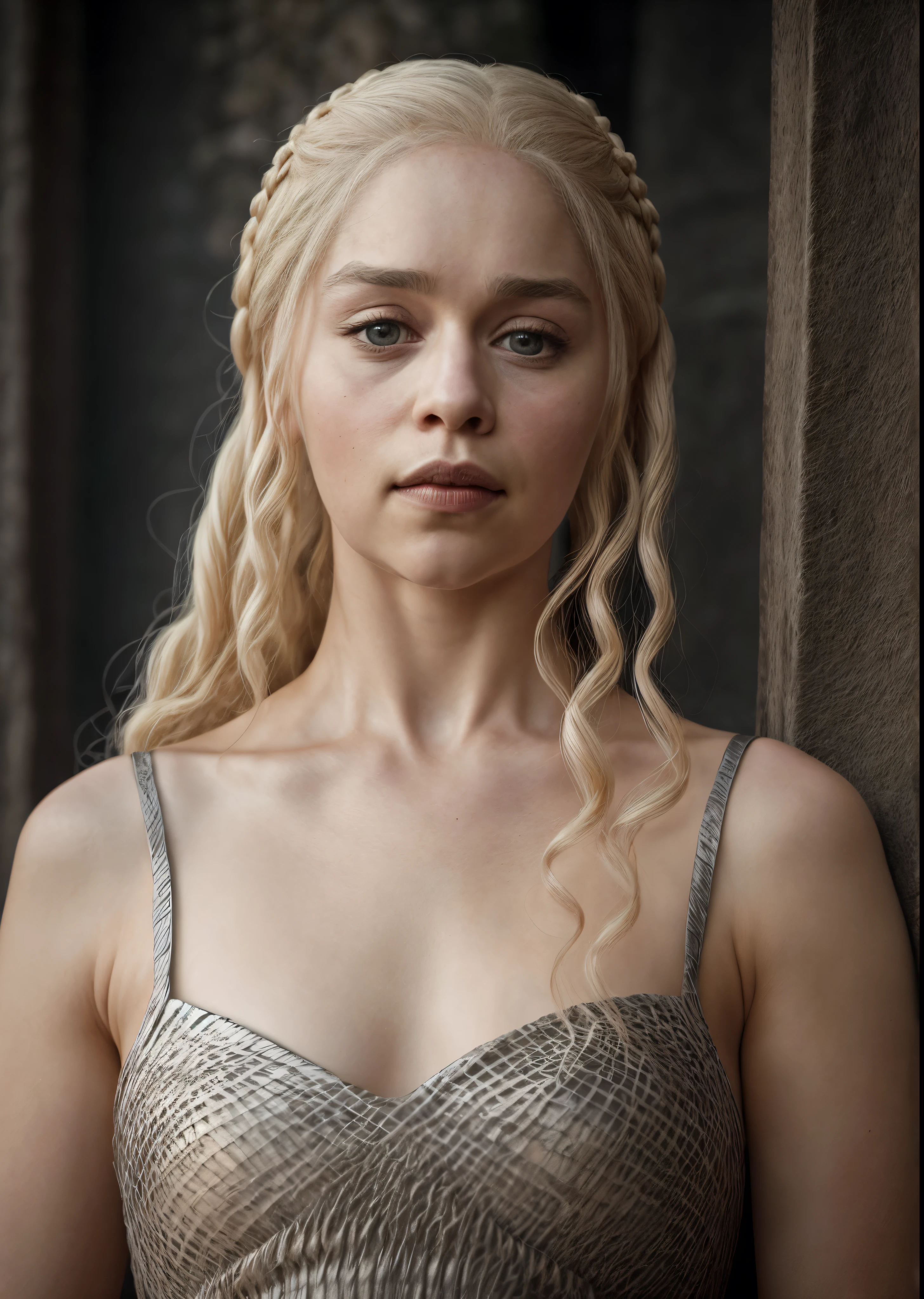 masterpiece, stunning portrait photo of khls woman, sleeveless, erotic costumes, sensual satin dress, game of thrones inspired costumes,