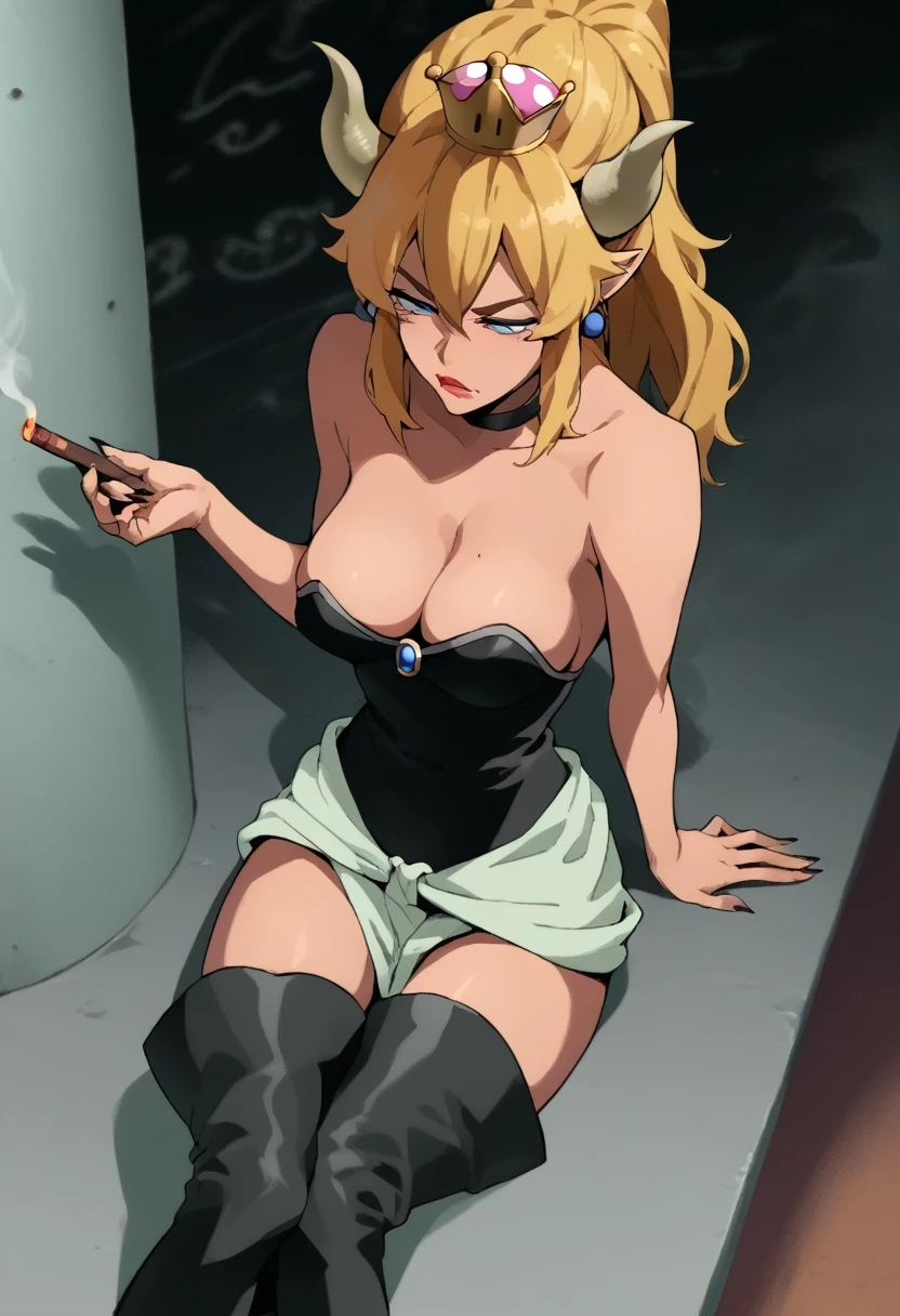 punctuation_9, punctuation_8_High above, punctuation_7_High above,punctuation_6_High above, punctuation_5_High above, punctuation_4_High above , breasts big, 1 girl, Bowsette, standing alone, hollow, hollow,smoke,cigar,Cigar in hand,smoke,makeHigh above, hair blonde, bangss, side locks, thick eyebrows, hair between the eyes, makeHigh above, biquini muito curto e transparentes preto, collant preto, transparentes, black choker, thigh boots, separate breasts, sitting down,cross legs, pub \(place\), neon lights, light particles, bothered, half-closed eyes, dim_Lighting,