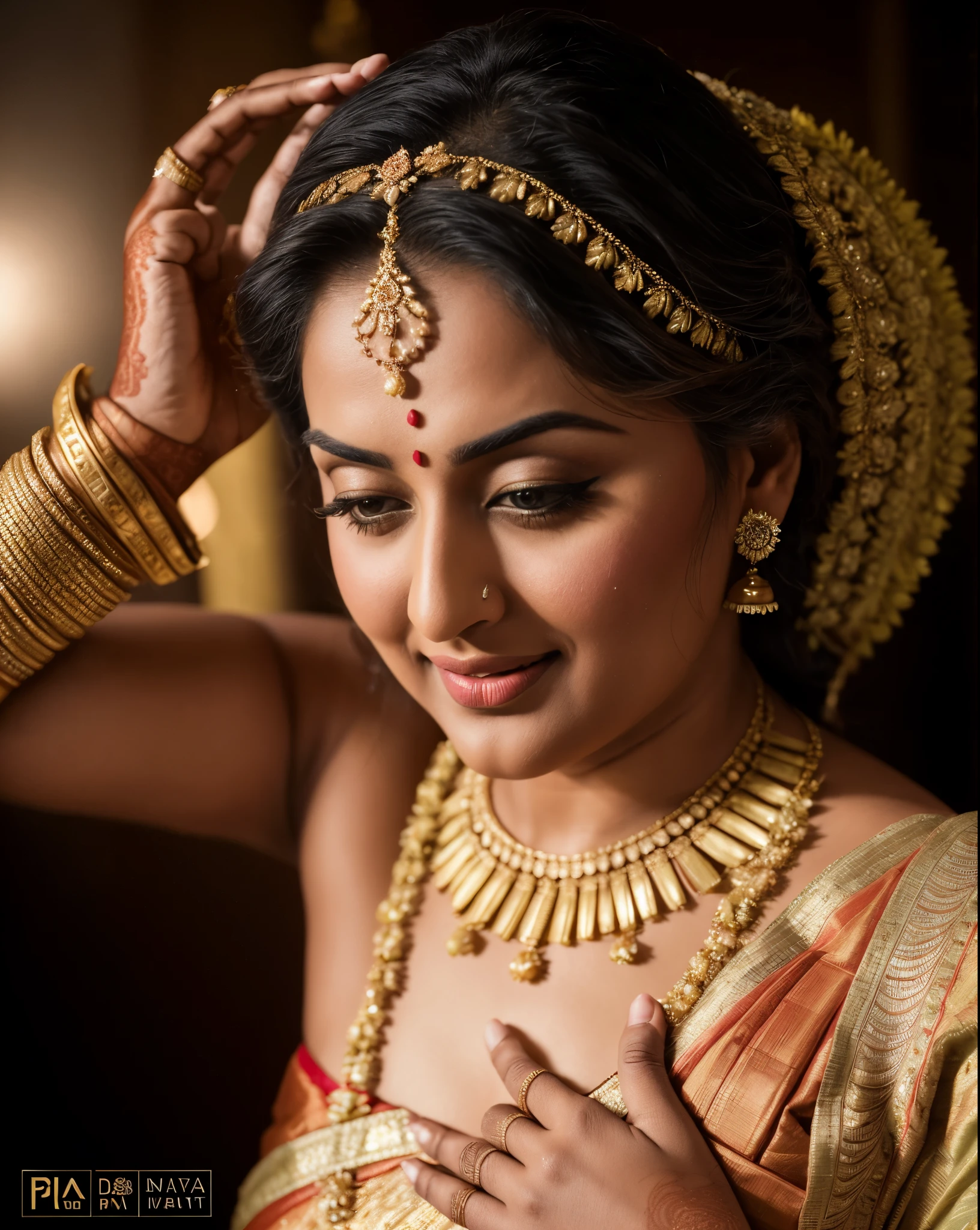 Foto RAW, photorealistic, photography, full body shot, master shot, perfect eyes, goddess like beauty, pierced eyes, curvy, perfect thick chubby mallu Desi aunty bhabhi, bridal photography, wedding photoshoot, Wearing a Stanapatta, a chest-band.Saree model, model Photography, Indian saree shoot, Indian traditional wear advertising photography, traditional wear brand shoot, face of Indian actress Sonakshi Sinha, masterpiece, realistic, realism, incredible details,  pleasure, photorealism, detailed skin, skin pores, high contrast, photorealistic Artstation 8k HD digital art trend of high definition and detailed realistic skin texture, ultra detail, realistic skin texture, armature, best quality, ultra high definition, (photorealistic:1.4),, high resolution, detail, raw photo, sweat, Re sharp, by Lee Jefferies Nikon D850 Film Stock Photo 4 Kodak Portra 400 Camera F1.6 Lens Rich Color Ultra Real Realistic Realistic Textures Dramatic Lighting Unreal Engine Trending at Art Station Cinestill 800,(pele altamente detalhada: 1.2), 8k UHD, DSLR, soft-lighting, alta qualidade, grain of film, Fujifilm XT3,she didn't like to wear blouse or bra, she is happy to wear only saree, sexy navel folds, fleshy figure, she hates blouse or bra, detailed hairy armpits, hyper realistic skin, skin pores, sweat, veins, 