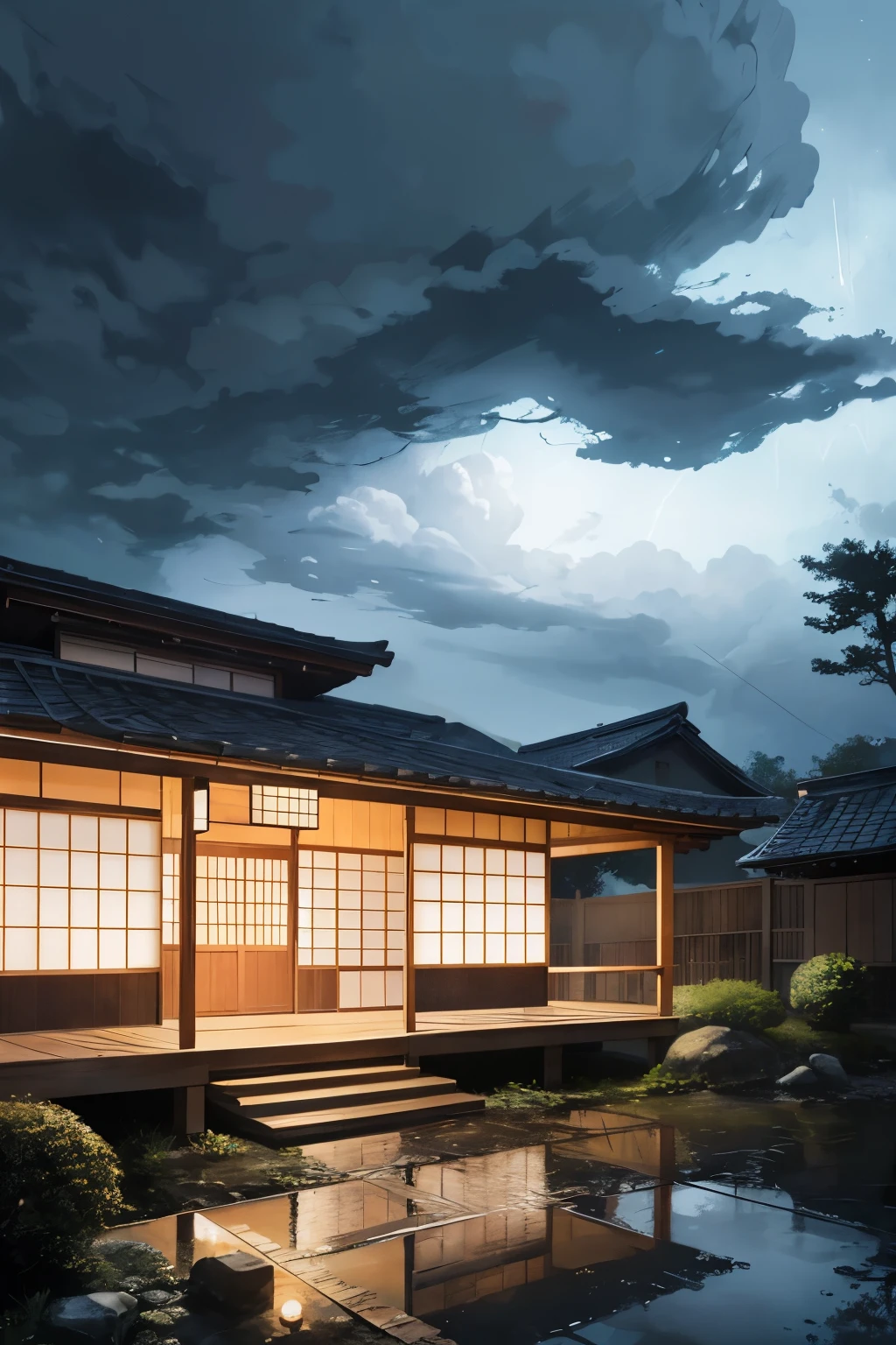 A serene and atmospheric illustration of a traditional Japanese house under a dramatic night sky filled with swirling clouds. The house features a tiled roof and warm light glowing from the windows, surrounded by lush greenery and a red compact car parked in front. The scene captures a tranquil yet slightly ominous mood, with power lines and trees framing the composition, emphasizing the contrast between the cozy home and the stormy sky. Highly detailed, vibrant colors, and a touch of anime-inspired style, evoking a sense of nostalgia and calm.
