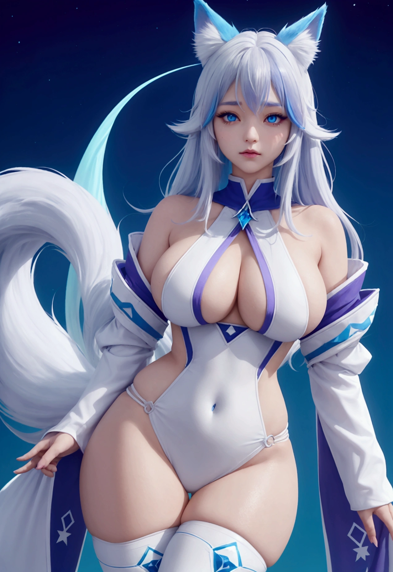 Defined female body, thick thighs, create the outfit that matches, short and long hair in white color, but with the color in blue and purple gradient at the ends, blue eyes. She has white fox ears and tail, but with blue color at the tips. Star mark on the forehead with the color blue.