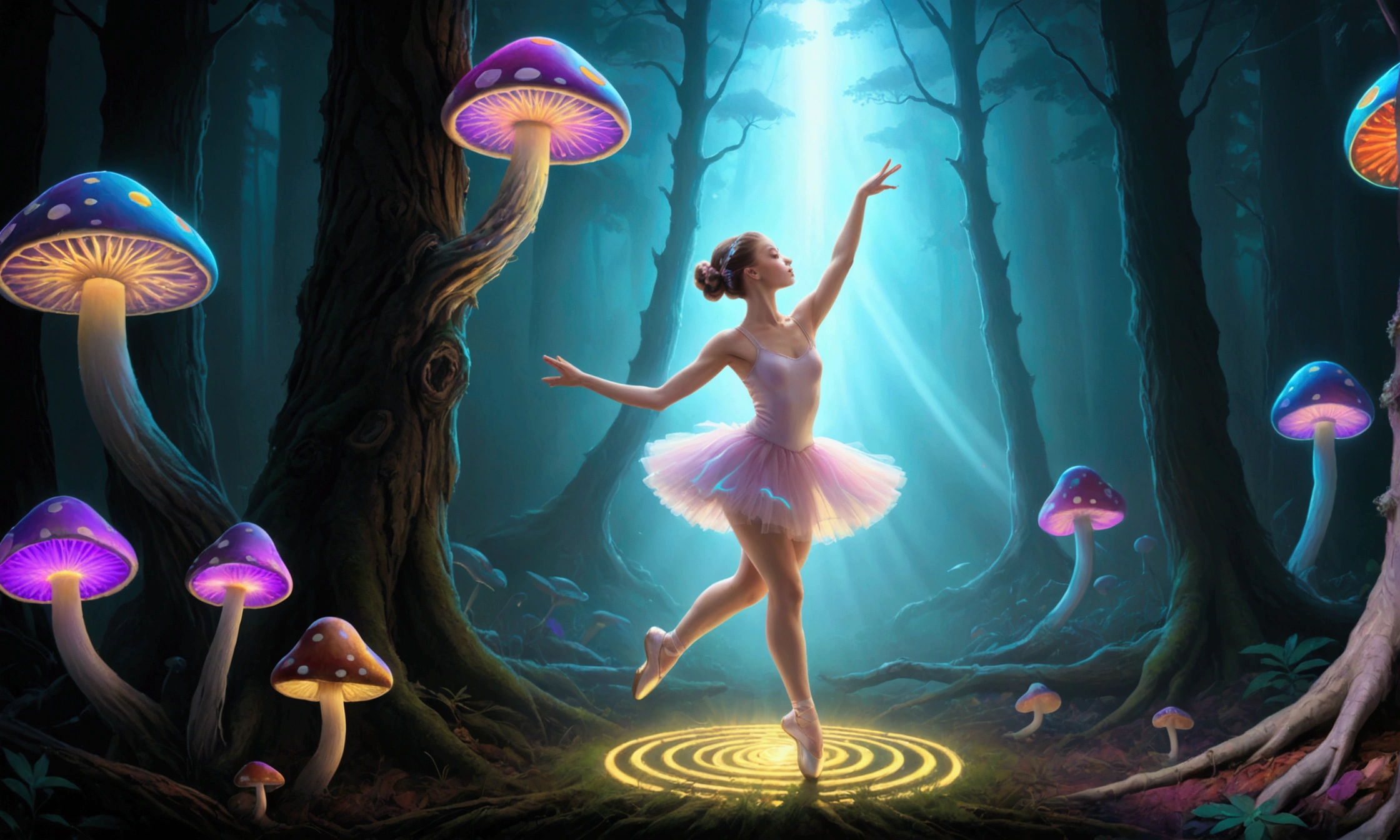 psychedelic, mushrooms in forest, ballerina jumping kick light streaks neon