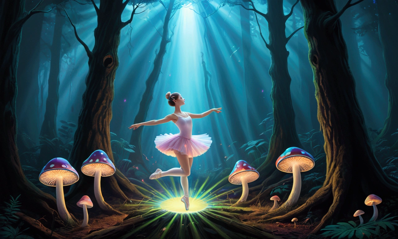 psychedelic, mushrooms in forest, ballerina jumping kick light streaks neon