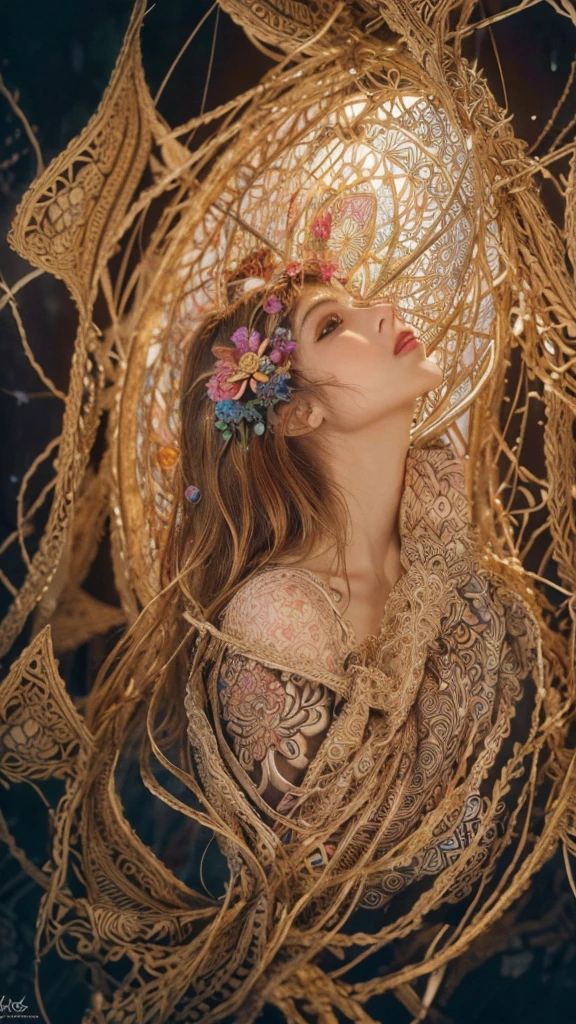 official art, unity 8k wallpaper, ultra detailed, beautiful and aesthetic, beautiful, masterpiece, best quality, (zentangle, mandala, tangle, entangle), (ecstasy of flower:1.2) dynamic angle, cowboyshot, the most beautiful form of chaos, elegant, a brutalist designed, vivid colours, romanticism, atmospheric
