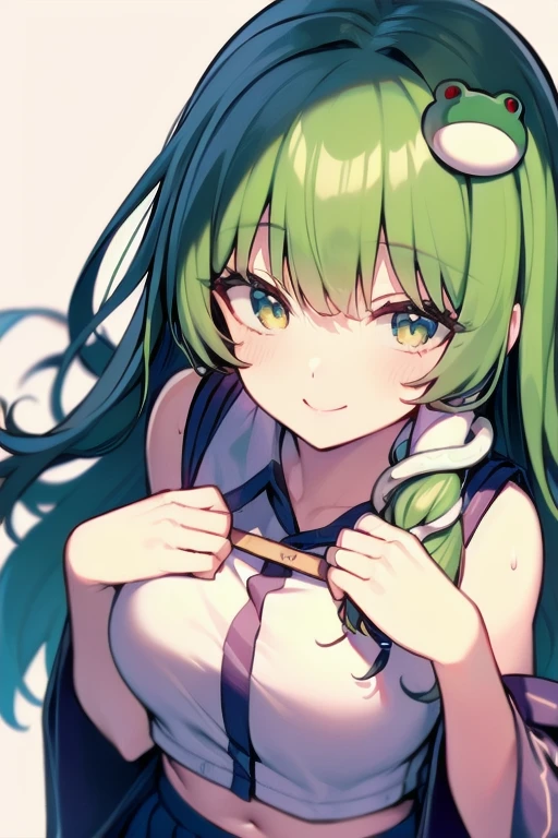 masterpiece, super details, best quality, kochiya sanae, large breast, hair tubes, frog hair ornament, snake hair ornament, shirt, long sleeves, wide sleeves, blue skirt, smile, empty hands, Japanese shrine, 