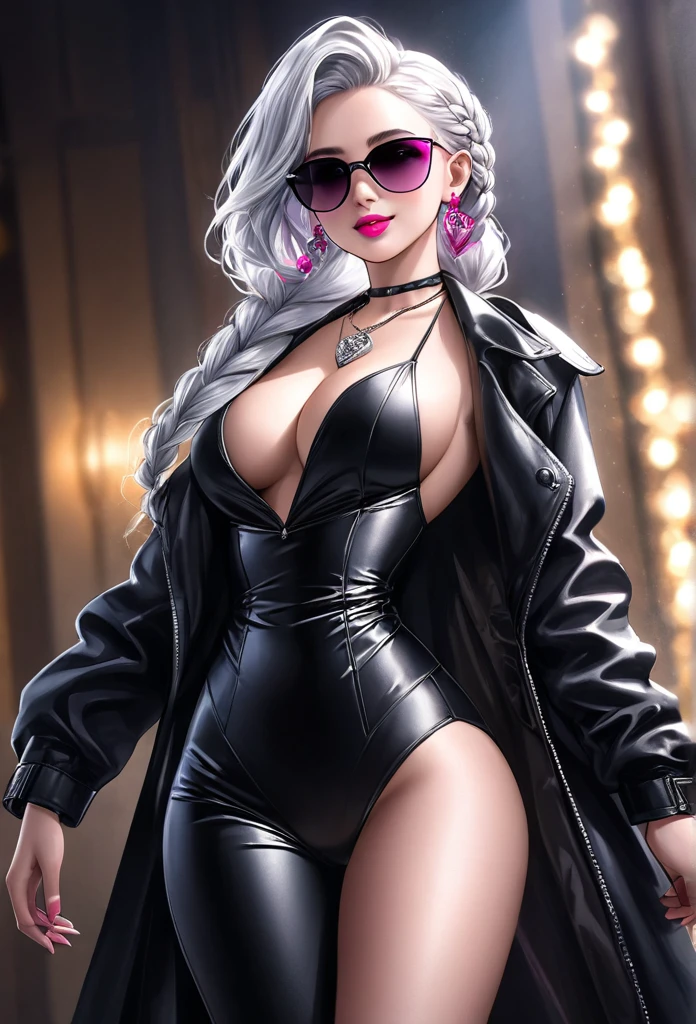 A beautiful young woman, 1girl, hourglass figure, seductive pose, black leather trench coat,leotard, leather pant,black sunglasses , silky white hair braid, heavy silver jhumka earrings, necklace, cleavage, detailed face with stunning magenta eyes, full lips, flawless makeup, dark cinematic lighting, dramatic photorealistic effect, masterpiece-level 8K rendering, ultra-detailed, realistic, photo-realistic, HDR, UHD, studio lighting, ultra-fine painting, sharp focus, physically-based rendering, extreme detail description, professional, vivid colors, bokeh, smiling, full body view, wrist watch,