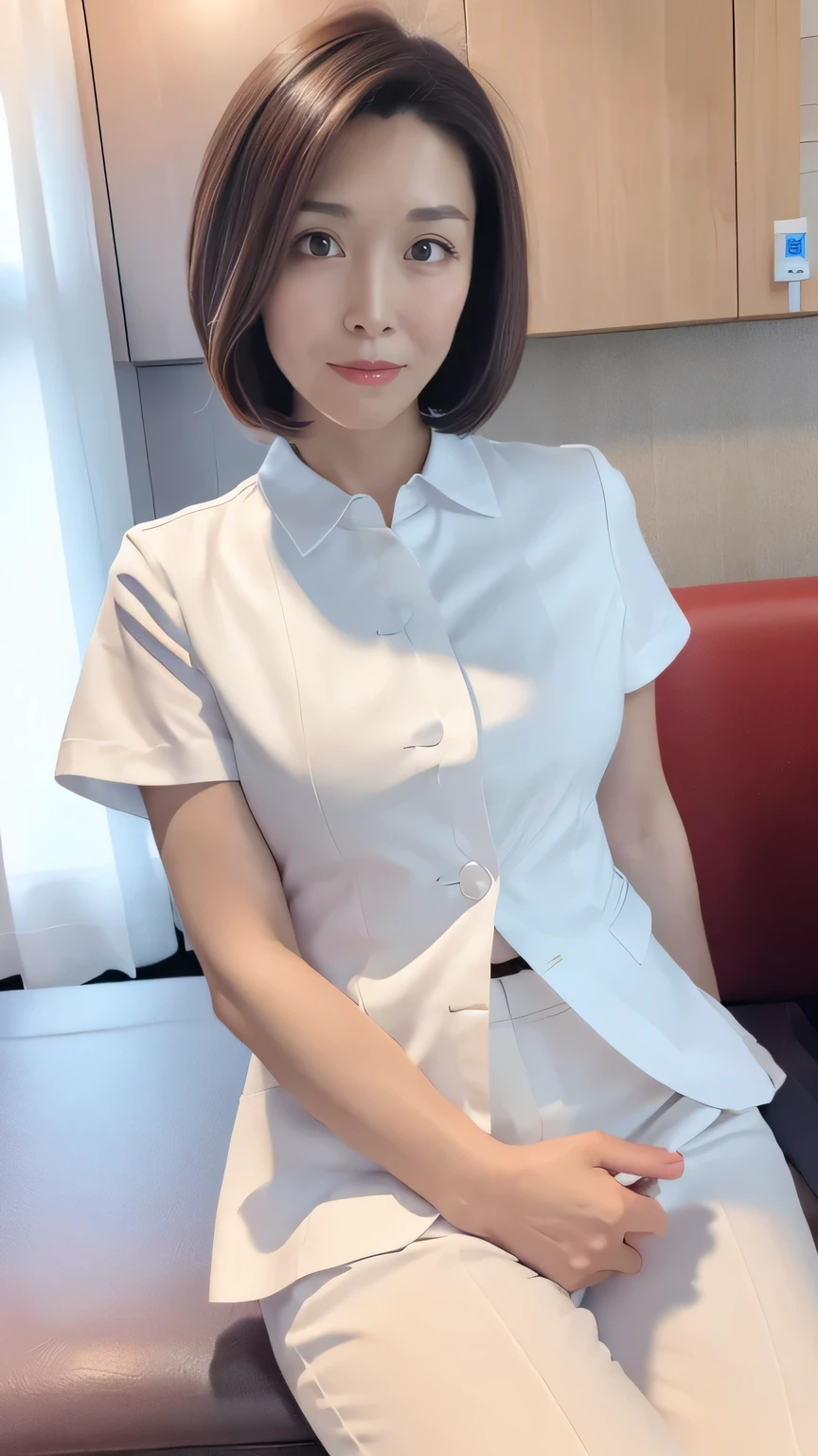 Japanese female 1 person, 38 years old、(Wearing white nurse clothes:1.2),(RAW Photos, Highest quality), (Realistic, photo-Realistic:1.4), masterpiece, Very delicate and beautiful, Very detailed, 8k wallpaper, wonderful, finely, Very detailed , Very detailed, High resolution, Cinema lighting, Beautiful detailed girl,(Short Bob Hair, Light brown hair:1.4), Very detailed eyes and face, Beautiful and sophisticated nose, finely beautiful eyes, nurse, Perfect Anatomy, Upstyle, nurse uniform,White trousers, nurse, White costume, thin, hospital, clear, White Uniform, hospital room、Sit with your knees apart、Spreading her legs、
