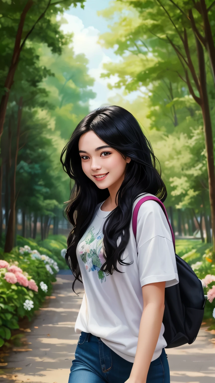 ((best quality)), ((masterpiece)), (detailed), A digital illustration of a teenage girl with long black hair walking outside of a school building with a smile on her face, surrounded by trees and flowers.