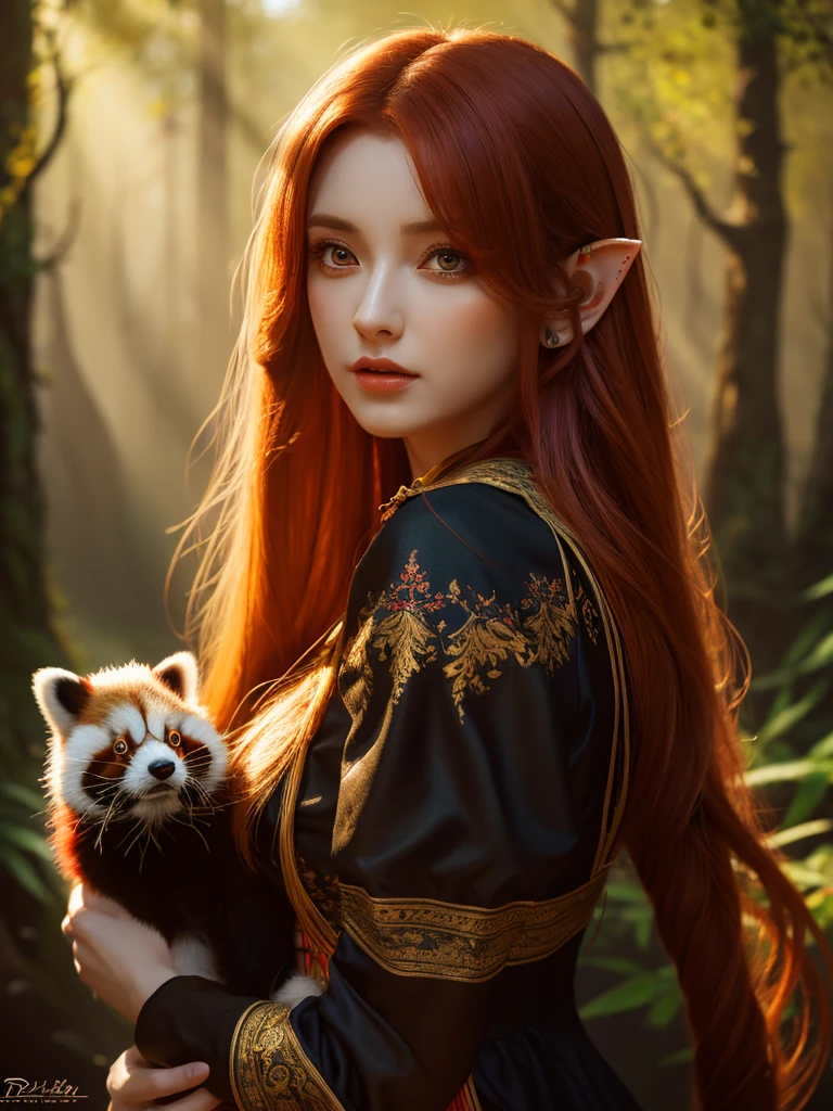 a redhead girl with long hair, wearing a beautiful elf dress, without panda ears, in a lush forest with dark colors, holding a red panda in her arms, detailed face, beautiful detailed eyes, beautiful detailed lips, extremely detailed eyes and face, long eyelashes, high quality, 8k, ultra-detailed, realistic, photo-realistic, HDR, UHD, studio lighting, ultra-fine painting, sharp focus, physically-based rendering, extreme detail description, professional, vivid colors, bokeh, fantasy, digital painting, cinematic lighting, dramatic shadows, warm color palette