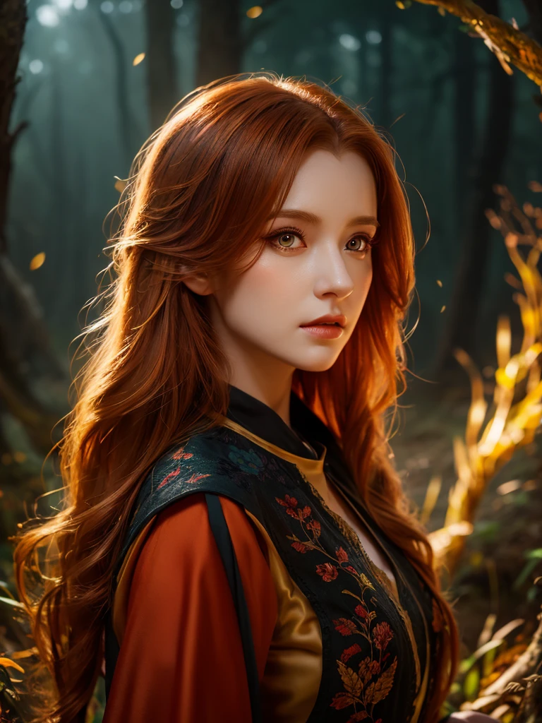 a redhead girl with long hair, wearing a beautiful elf dress, without panda ears, in a lush forest with dark colors, holding a red panda in her arms, detailed face, beautiful detailed eyes, beautiful detailed lips, extremely detailed eyes and face, long eyelashes, high quality, 8k, ultra-detailed, realistic, photo-realistic, HDR, UHD, studio lighting, ultra-fine painting, sharp focus, physically-based rendering, extreme detail description, professional, vivid colors, bokeh, fantasy, digital painting, cinematic lighting, dramatic shadows, warm color palette