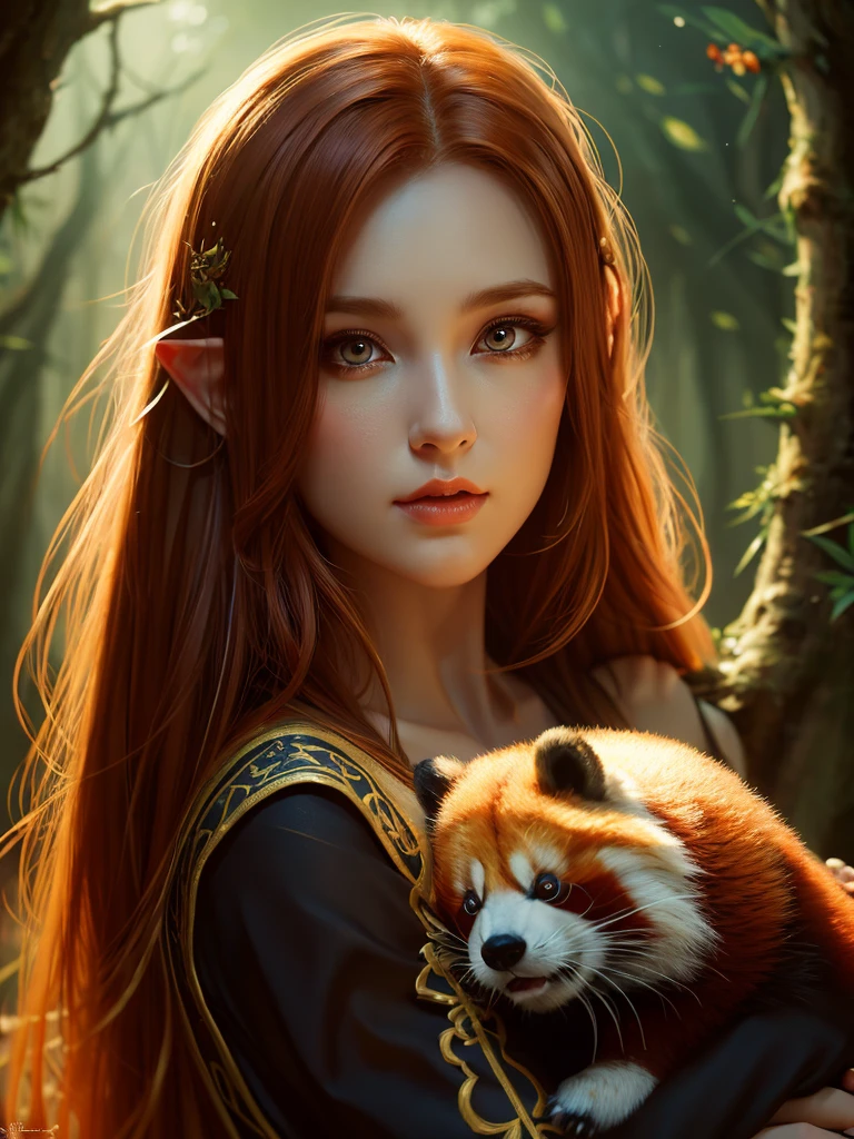 a redhead girl with long hair, wearing a beautiful elf dress, without panda ears, in a lush forest with dark colors, holding a red panda in her arms, detailed face, beautiful detailed eyes, beautiful detailed lips, extremely detailed eyes and face, long eyelashes, high quality, 8k, ultra-detailed, realistic, photo-realistic, HDR, UHD, studio lighting, ultra-fine painting, sharp focus, physically-based rendering, extreme detail description, professional, vivid colors, bokeh, fantasy, digital painting, cinematic lighting, dramatic shadows, warm color palette