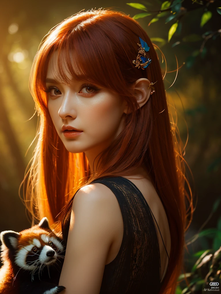 a redhead girl with long hair, wearing a beautiful elf dress, without panda ears, in a lush forest with dark colors, holding a red panda in her arms, detailed face, beautiful detailed eyes, beautiful detailed lips, extremely detailed eyes and face, long eyelashes, high quality, 8k, ultra-detailed, realistic, photo-realistic, HDR, UHD, studio lighting, ultra-fine painting, sharp focus, physically-based rendering, extreme detail description, professional, vivid colors, bokeh, fantasy, digital painting, cinematic lighting, dramatic shadows, warm color palette