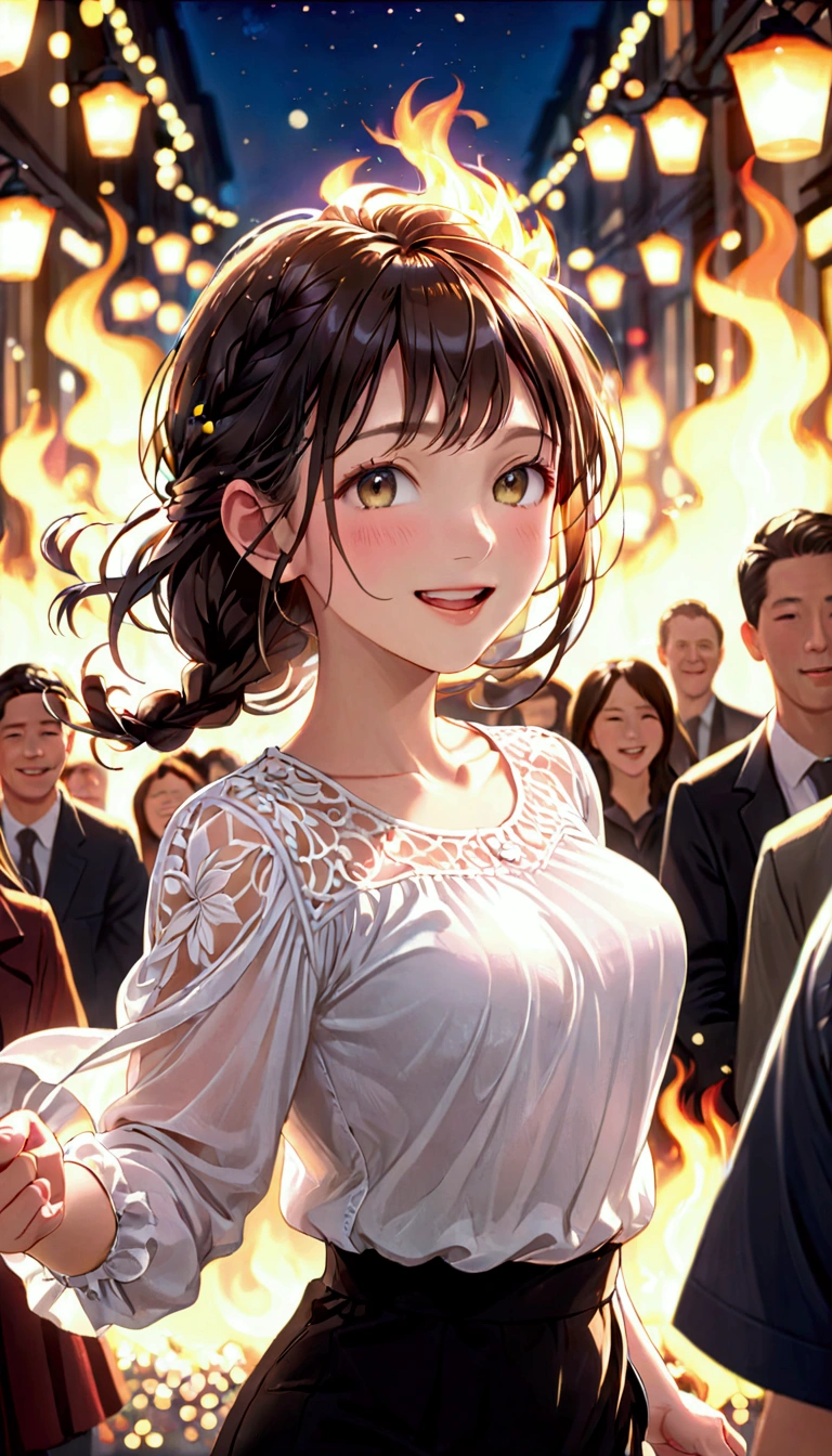 best qualityer, photorrealistic, 1 girl, Woman,(cutaneous dentition), Medium chest, (Ablaze), (professional lighting, bokeh), (Street), people, Crowds, braided bangs, (blouse:1.5), (wore:0.8), marvelous, blossom, floating hair, (dynamic pose:0.6) , soft lighting,