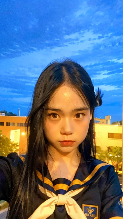 Masterpiece, best quality, ultra high res, realistic, (photorealistic:1.4), photography, rule of third, 1girl, blunt bangs, black hair, (the girl wearing black sailor uniform), (at the top of building:1.1), night, city light, cinematic lighting, 80s filter, detailed face , looking at viewer, cowboy shot