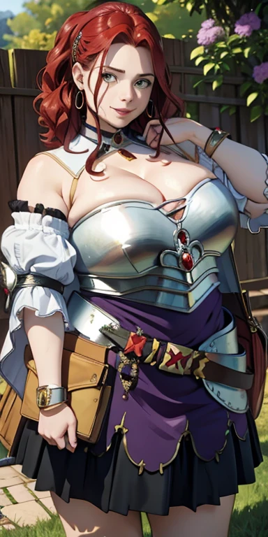 (masterpiece, Best Quality:1.4), looking at the viewer, cowboy shot, affected smile, malty melromarc, Red hair, by the wide, green eyes, big fat body, exposed cleavage, big breasts, big breasts, ropa ajustada a su big fat body, hair ornament, earrings, jewelry, armor, armored dress, dress, separate sleeves, breastplate, purple skirt, belt, outdoor, grass, castillo, 