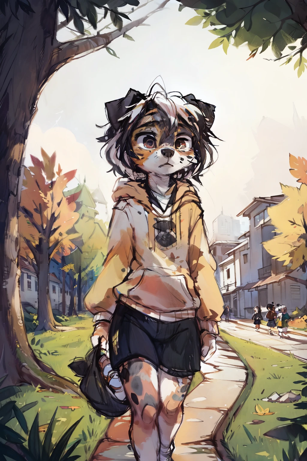 (((Black and white, monochrome, sketch))), High quality, 8K, by kenket, by swaybat, by reysi, by Zackary911, by hyattlen, by teranen, by fumiko, by Pixelsketcher, by Bayard Wu, by Einshelm, by Kilinah, by Hioshiru, by fluff-kevlar, by Dimwitdog, Furry, Anthro, solo, ((australian shepard)), ((female)), ((young)), fluffy tail, slender, ((short white hair)), chest fluff, short, small breasts, hoodie, track shorts, bored, uninterested, university, thigh gap, walking through the park, autumn