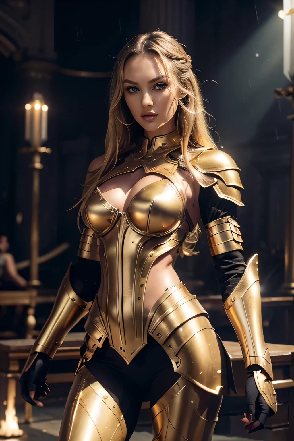 (Prwaessional 3D rendering:1.3) wa (Realists:1.3) The most beautiful art photo in the world, candice swanepoel, ((Epic hero The fantasy muscle woman rough wet hero angry look long hair short beard and ferocious expression in dynamic pose, Fantastic location, majestic, crowded environment)), Full Body 8K Unity Rendering, action shot, Hautporen, very dark lighting, Strong shading, detailed, detailed face, (exhilarated, foto Realists, Realists, dramatic, dark, keen focus, 8k), (Others, golden armor damaged by weather:1.4), ((((Wear golden armor)))), (complicated:1.4), bare shoulders, waf shoulders, decadent, (Very detailed:1.4), Digital Drawing, Rendering wa Octane, Art stations, conceptual art, smooth, keen focus, Illustration, Art germ, (loish:0.23), Wlop Ilja Kuwschinow, und Greg Rutkowski und Alphonse, (Global Illumination, studio light, volumetric light), floating particles, Lord wa the rings, The fantasy, ((dark and ancient city background:1.3)),CGS Gesellschwat,Art stations, blue eyes, bright eyes, hellblue eyes, platin blond hair, Slender waist, looks into the camera, Seductive look, playful, deep neckline, show waf pose, interested