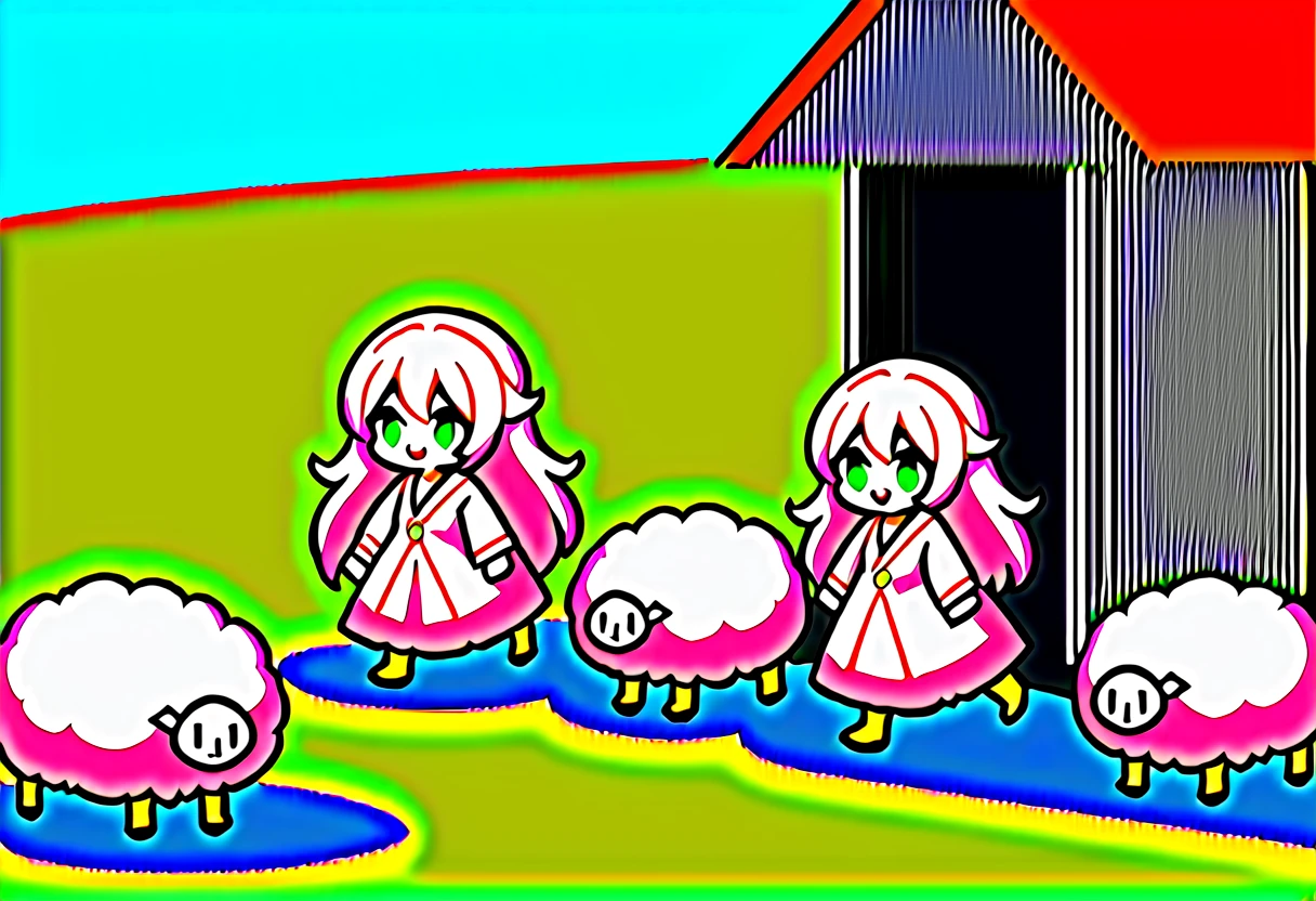 masterpiece, Highest quality, 8k, ((Detailed pixel art, Detailed)), Vivid, woman, 若いwoman, smile, cute, Directed at an angle, Open your mouth, Fluffy hair, Long Hair, Hair like sheep's hair, Pink Hair, eyebrow, 太いeyebrow, one piece, Pink clothes, Long skirt, cardigan, 水色のcardigan, shoes, 茶色いshoes, ((A very large sheep:1.3, 羊にwomanがもたれかかる:1.2)), grassland
