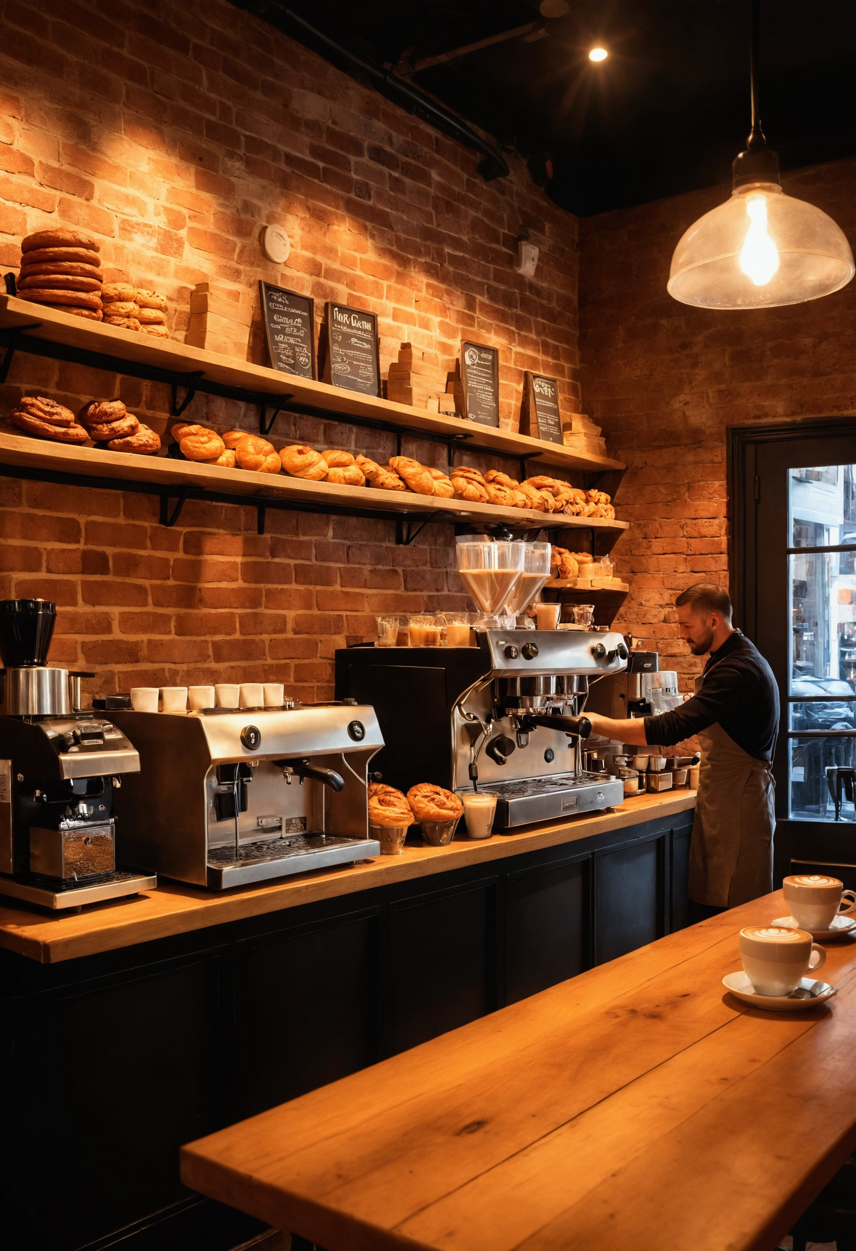 a cozy café interior, a barista preparing a cup of coffee, freshly baked pastries on display, warm lighting, wooden tables and chairs, brick walls, latte art, steam rising from the espresso machine, the aroma of freshly ground coffee, a relaxed urban atmosphere