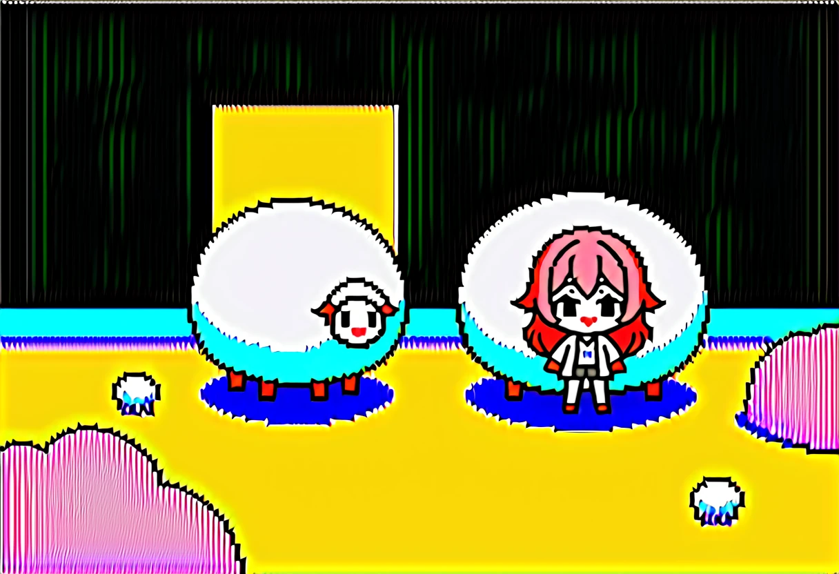 masterpiece, Highest quality, 8k, ((Detailed pixel art, Detailed)), Vivid, woman, 若いwoman, smile, cute, Directed at an angle, Open your mouth, Fluffy hair, Long Hair, Hair like sheep's hair, Pink Hair, eyebrow, 太いeyebrow, one piece, Pink clothes, Long skirt, cardigan, 水色のcardigan, shoes, 茶色いshoes, ((A very large sheep:1.3, 羊にwomanがもたれかかる:1.2)), grassland
