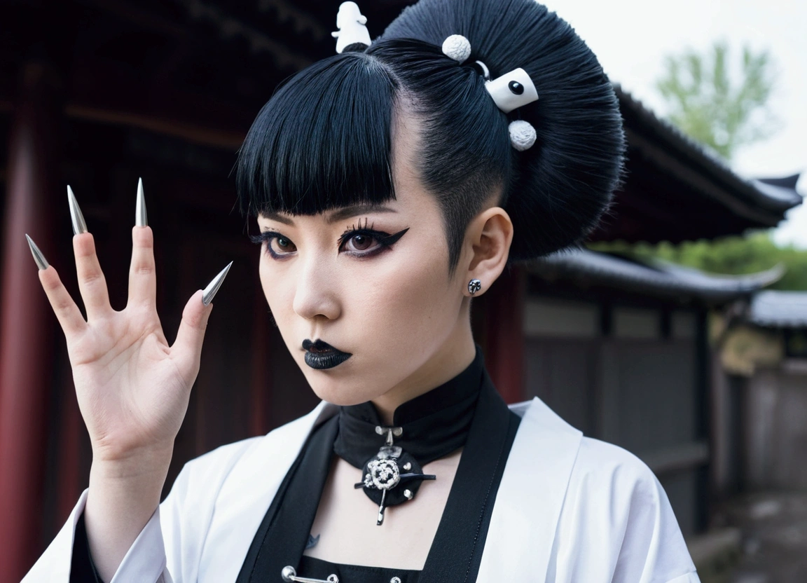 Traditional Japanese emo geisha skinhead, hairstylegoth, emo gothic spikes fashion shooting editorial style, Ultra-Fast Fashion Hypebeast Gang Signs with Goth Emo Accessories