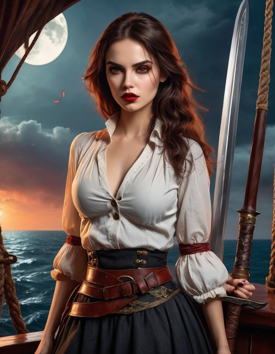 a portrait of a woman vampire pirate holding a (( bloody sword: 1.5)) on a pirate ship ready for battle, ((full body: 1.5)), ((anatomically correct: 1.5)), (ultra detailed face: 1.2), looking tense, looking dangerous,  dynamic eye color, glowing eyes, dynamic hair color, dynamic hair style dynamic skin complexion, wearing 18th century white button shirt, with ((stains of blood: 1.3)), busty , wearing  wearing high heeled boots, it is night time at sea, moon is high, some clouds,18th century pirate ship background,  vibrant, Ultra-high resolution, High Contrast, (masterpiece:1.5), highest quality, Best aesthetics), best details, best quality, highres, 16k, (ultra detailed: 1.5), masterpiece, best quality, (extremely detailed) RAW, (ultra details, Masterpiece, best quality), Hyperrealism style, holding sword, Intense gaze, holding sword rapier, vampire teeth, BloodSoakedAI, holding sword, Dark Art Painting Style