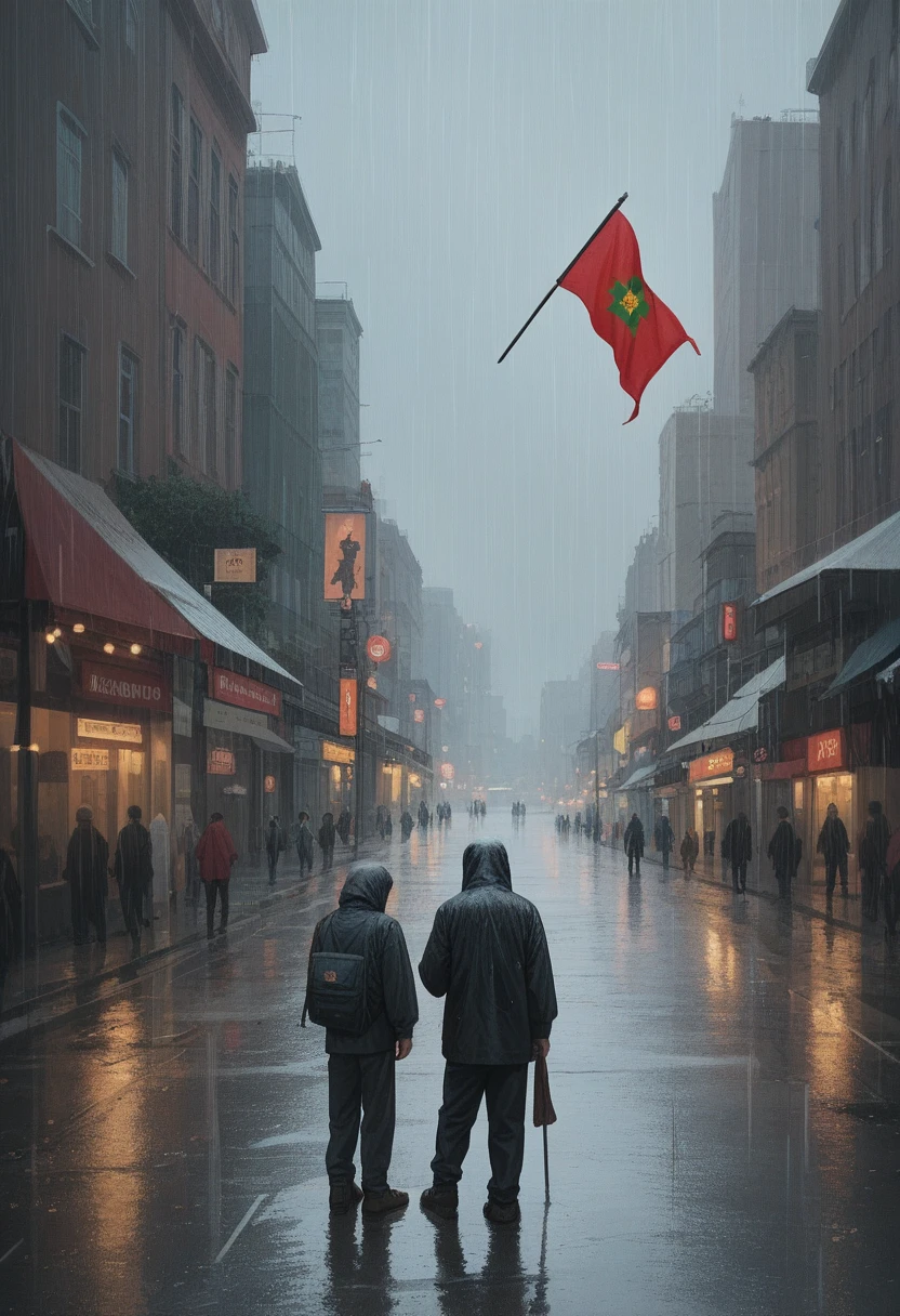 A 25-year-old boy stands on the streets of Dhaka city in the rain with a Bangladeshi flag in his hand. Behind hundreds of students are standing with the flag of Bangladesh