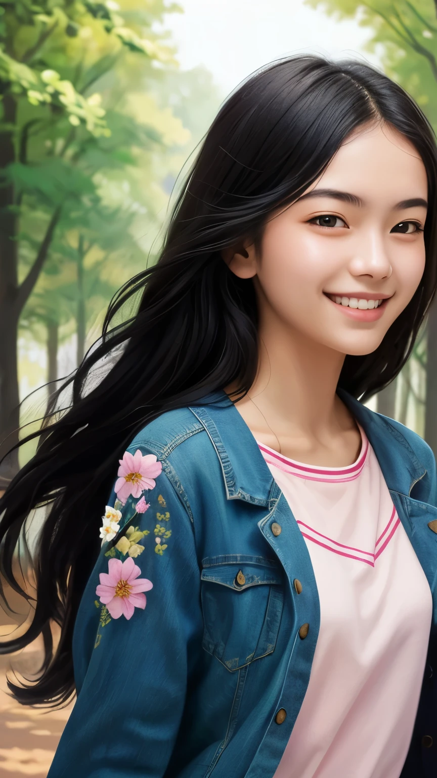 ((best quality)), ((masterpiece)), (detailed), A digital illustration of a age girl with long black hair walking with a smile on her face, surrounded by trees and flowers. The background is school campus