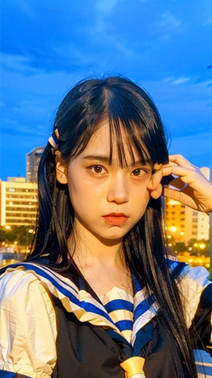 Masterpiece, best quality, ultra high res, realistic, (photorealistic:1.4), photography, rule of third, 1girl, blunt bangs, black hair, (the girl wearing black sailor uniform), (at the top of building:1.1), night, city light, cinematic lighting, 80s filter, detailed face , looking at viewer, cowboy shot