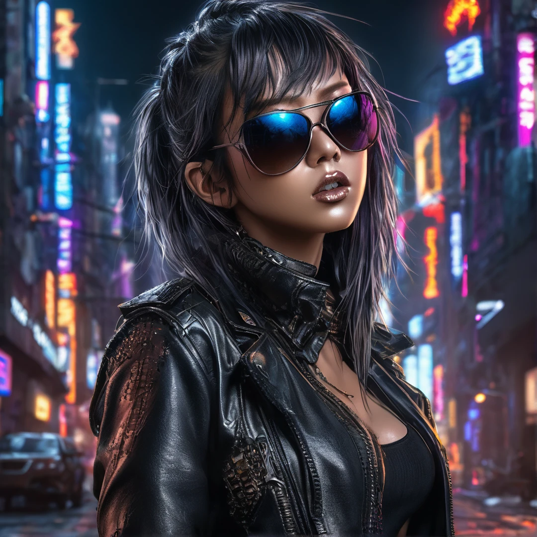 Heavy metal album cover female singer stage, post-apocalyptic city, insanely detailed real shiny skin, masterpiece body quality, black leather pants, real color, erotic and strong, black sunglasses, 8k resolution🔥, Miki Asai Macro photography, close-up, hyper detailed, trending on artstation, sharp focus, studio photo, intricate details, highly detailed, cinematic by zack snider