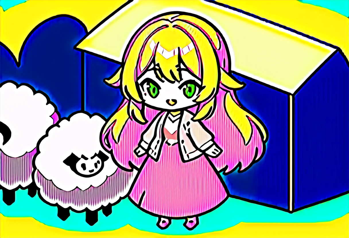 masterpiece, Highest quality, 8k, ((Detailed pixel art, Detailed)), Vivid, woman, 若いwoman, smile, cute, Directed at an angle, Open your mouth, Fluffy hair, Long Hair, Hair like sheep's hair, Pink Hair, eyebrow, 太いeyebrow, one piece, Pink clothes, Long skirt, cardigan, 水色のcardigan, shoes, 茶色いshoes, ((A very large sheep:1.3, 羊にwomanがもたれかかる:1.2)), grassland
