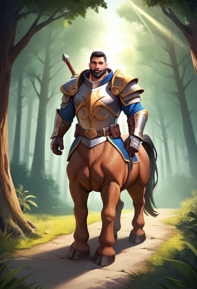 30 years old,(black hair and full beard),(best quality, 4k, 8k, high resolution, masterpiece: 1.2), detailed facial features, spectacular lighting, from above, anatomically correct, super detail,armor, rays of light in forest, ray tracing, full body portrait, centaur