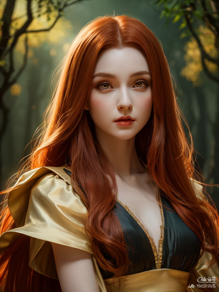 a beautiful redheaded asian girl, long very very very extremely silky hair, elegant elf dress, dense forest, no sunlight, detailed face and eyes, very big tits (best quality,4k,8k,highres,masterpiece:1.2),ultra-detailed,(realistic,photorealistic,photo-realistic:1.37),magical fantasy atmosphere,fantasy,concept art