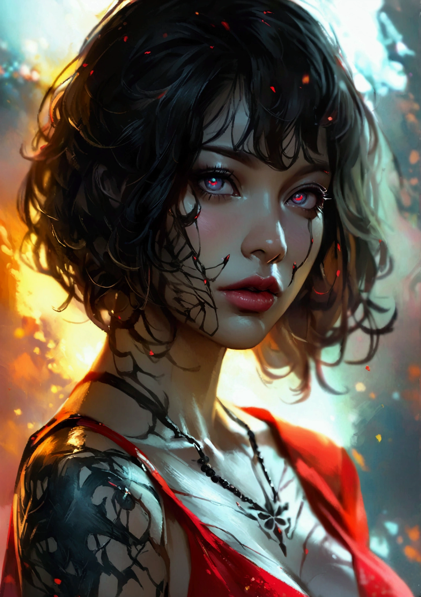 Realistic Digital Painting with Concept Art Elements"," digital painting," "concept art," "realistic," "high detail", "muscular",, "high-res", "ominous aura,", "8k resolution", "oil painting", "darker tone" , "little saturation" ,"dark feeling", "concept art" , "detailed features" , "detailed eyes" , "1female" , "scars around body" , "yakuza" , "tattoos" ,"fullbody" , "dress" , "burgundy" , "short-bob-hairstyle"
