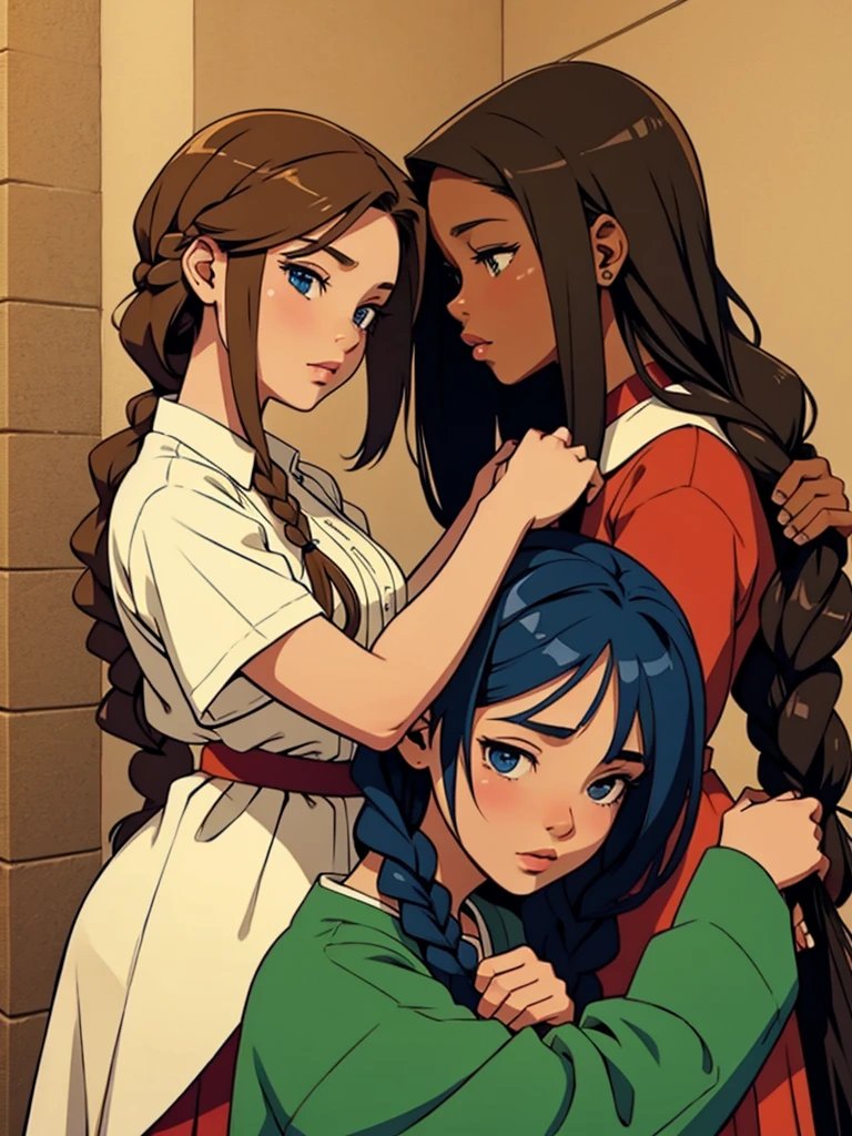 Girls braiding each others hair