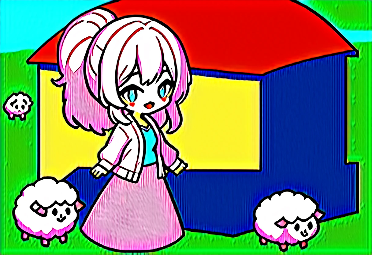 masterpiece, Highest quality, 8k, ((Detailed pixel art, Detailed)), Vivid, woman, 若いwoman, smile, cute, Directed at an angle, Open your mouth, Fluffy hair, Long Hair, Hair like sheep's hair, Pink Hair, eyebrow, 太いeyebrow, one piece, Pink clothes, Long skirt, cardigan, 水色のcardigan, shoes, 茶色いshoes, ((A very large sheep:1.3, 羊にwomanがもたれかかる:1.2)), grassland
