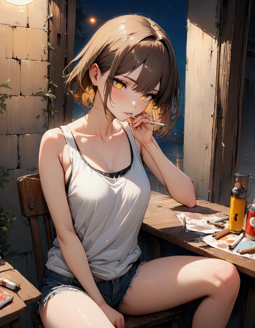 (masterpiece:1.3),(最high quality:1.4),(Very detailedな:1.5),High resolution,Very detailed,8k,artwork,High level of detail,rendering,high quality,Wide range of colors, Beautiful youth, Brown Hair, short hair, Yellow Eyes,Shining Eyes,White tank top,(cigarettes), night, cigarette,high quality, Draw Amount, Pixiv illustration,Browsing Caution,Beautiful images,Perfect Pixiv,Sitting in a defiant attitude