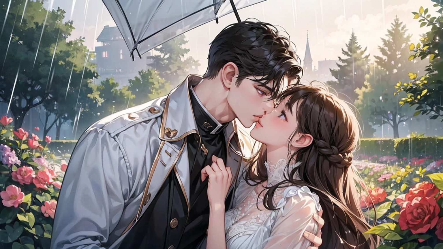 (1.5 SD male and womale, romantic and sweet meeting, height difference, light and dark hair colors, kiss, rain, garden, sharp details, high quality),
2 people, One male and one female, with a height difference, Come join me for a tender and romantic momalet. male&#39;hair color is light, female&#39;medium chest,hair is black. They find themselves under the gentle patter of rain, Water droplets sparkle on the face.. Her lips meet his in a passionate kiss, Their faces were full of love and longing.... the view is blue々Surrounded by the beauty of the garden, wet ground in background、Petals are clearly visible