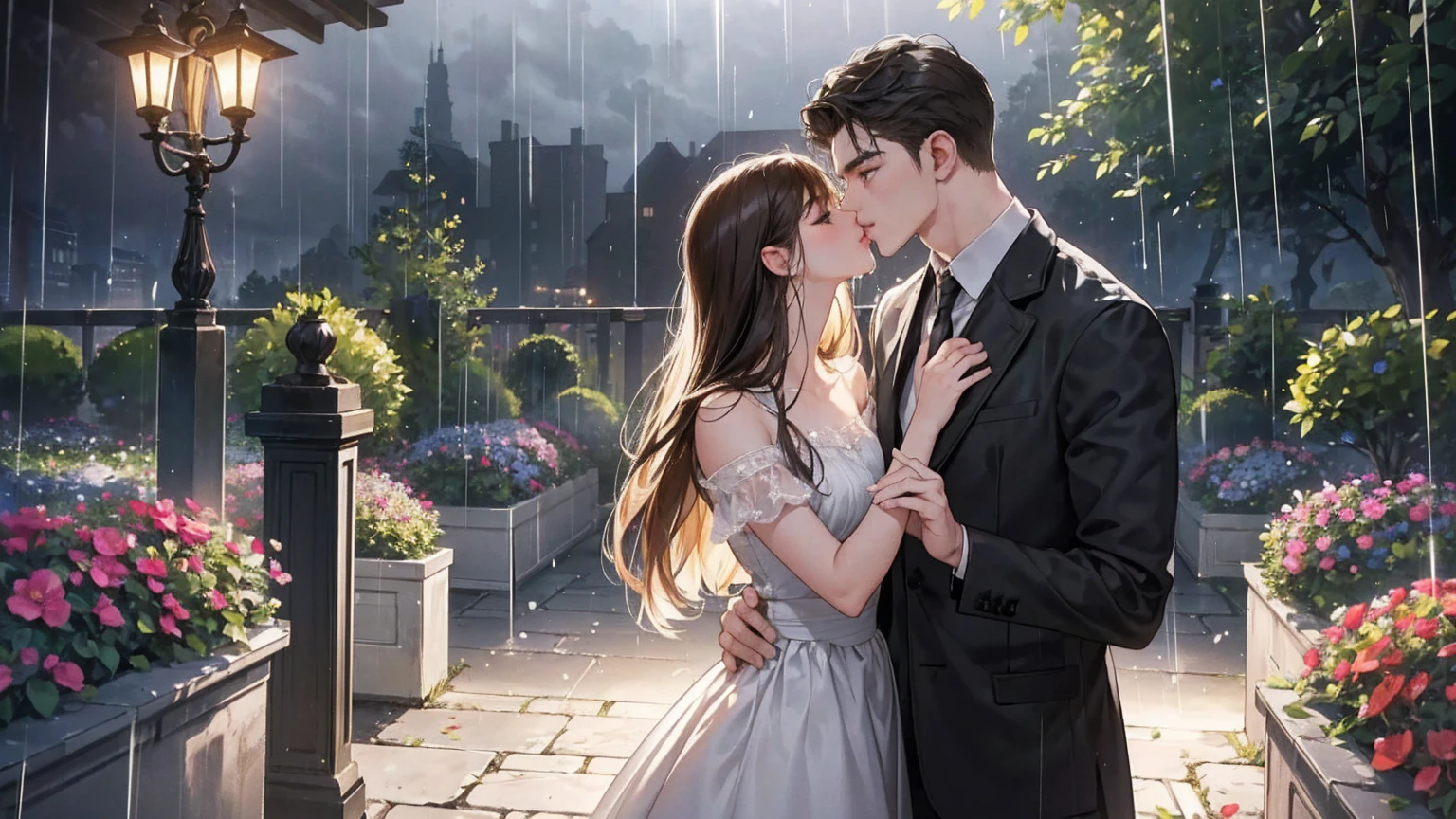 (1.5 SD male and womale, romantic and sweet meeting, height difference, light and dark hair colors, kiss, rain, garden, sharp details, high quality),
2 people, One male and one female, with a height difference, Come join me for a tender and romantic momalet. male'hair color is light, female'medium chest,hair is black. They find themselves under the gentle patter of rain, Water droplets sparkle on the face.. Her lips meet his in a passionate kiss, Their faces were full of love and longing.... the view is blue々Surrounded by the beauty of the garden, wet ground in background、Petals are clearly visible